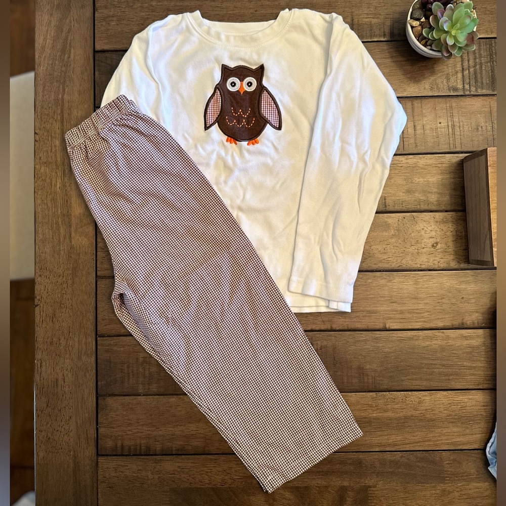 Boys Sweet Tea brown plaid owl shirt and pant set size 5/6